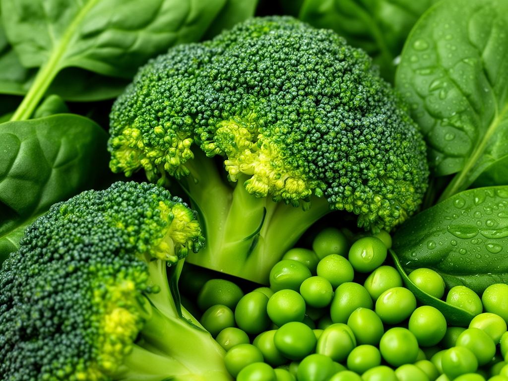 Vue macro de légumes verts frais colorés incluant brocoli, épinards et petits pois avec gouttes d'eau sur fond sombre, symbolisant les processus naturels d'absorption des nutriments
