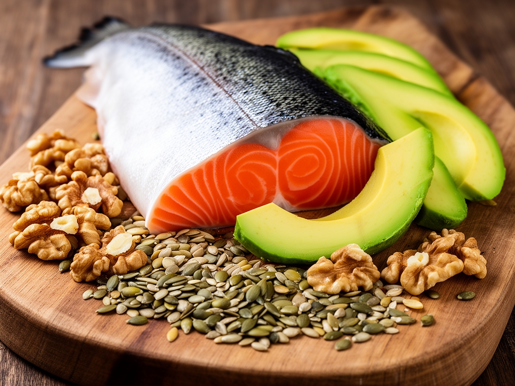 Photographie de saumon frais, avocat tranché, noix et graines sur planche de bois, aliments naturels riches en acides gras essentiels oméga-3 et oméga-6