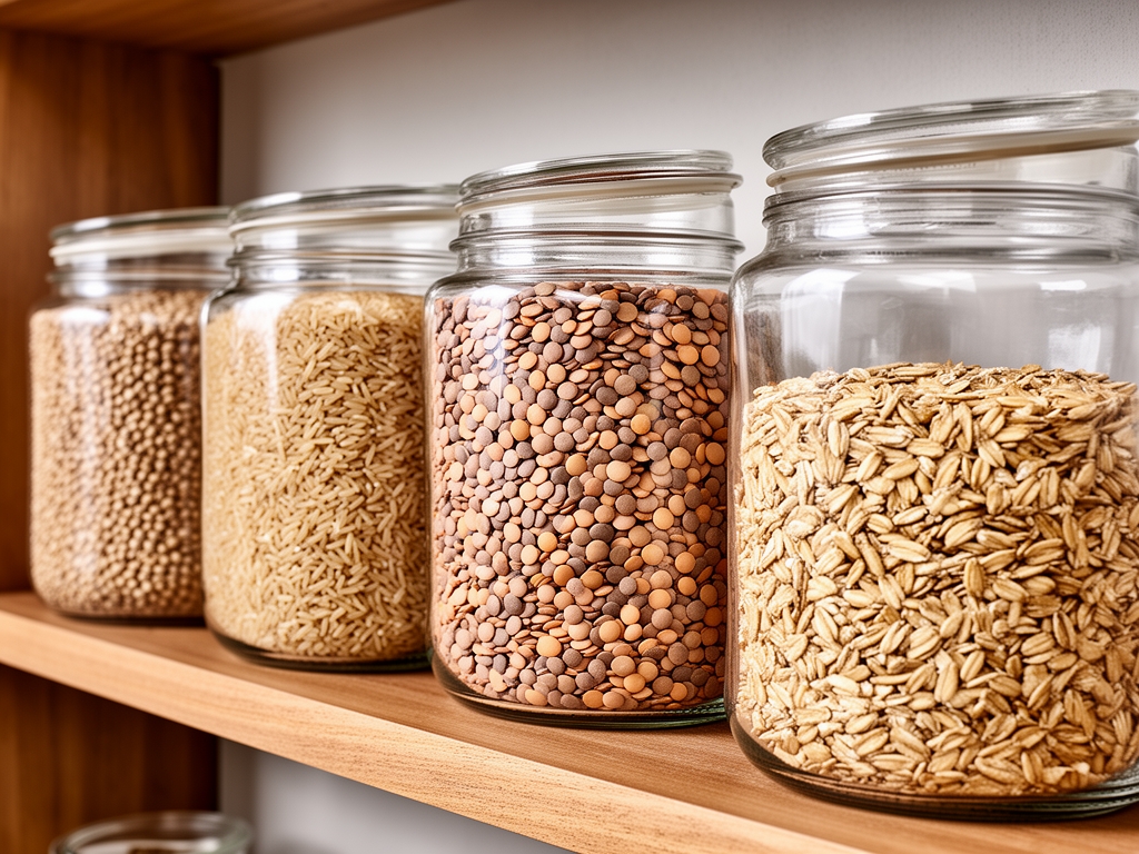 Assortiment de céréales complètes et légumineuses dans des bocaux en verre transparents sur étagère en bois : riz complet, lentilles, pois chiches, avoine et blé, photographie produit naturel
