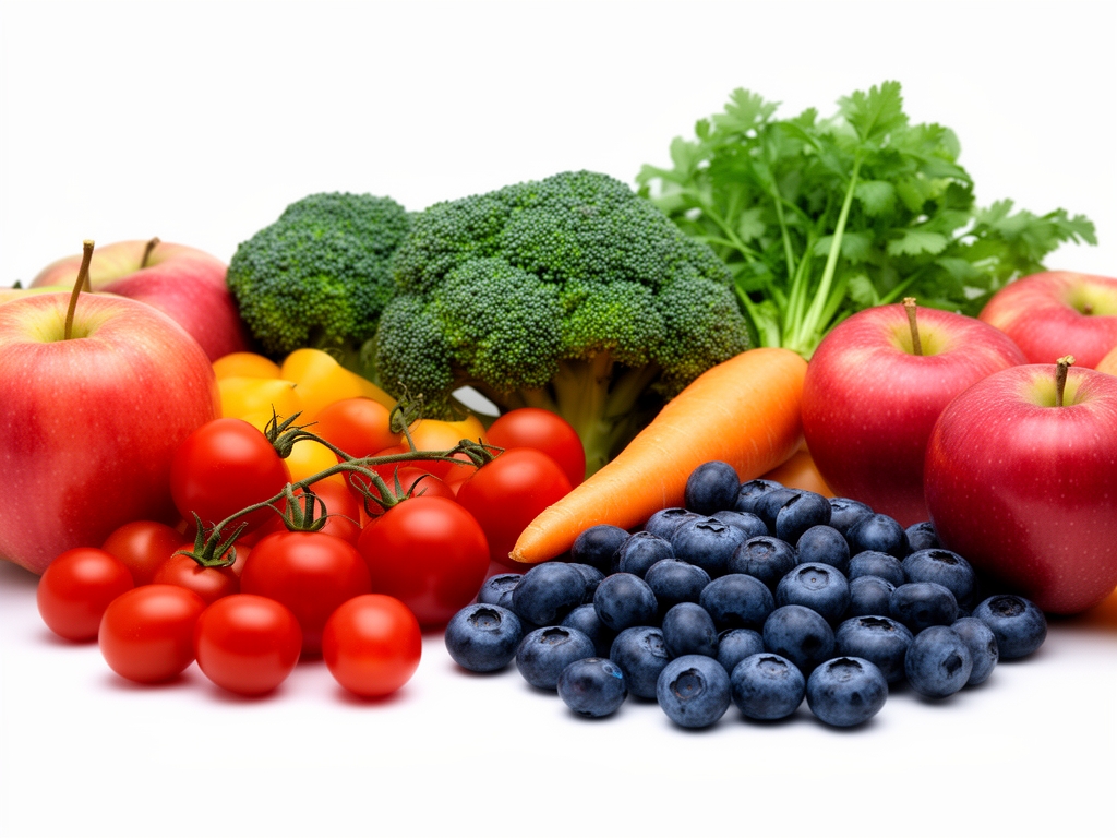 Composition colorée et appétissante de fruits et légumes frais variés incluant tomates cerises, carottes, brocoli, myrtilles et pommes sur fond blanc, diversité alimentaire naturelle