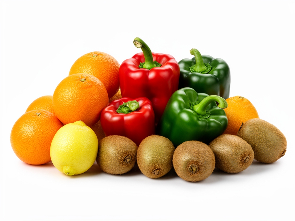 Assortiment coloré de fruits et légumes frais riches en vitamines : oranges, citrons, poivrons rouges et verts, kiwis sur fond blanc, composition nutritionnelle naturelle
